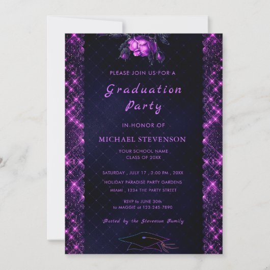 Paarse Glitter Framed Black Afstuderen Invitation Notitiekaartje (Voorkant)