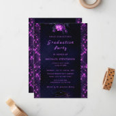 Paarse Glitter Framed Black Afstuderen Invitation Notitiekaartje (Voorkant / Achterkant in situ)