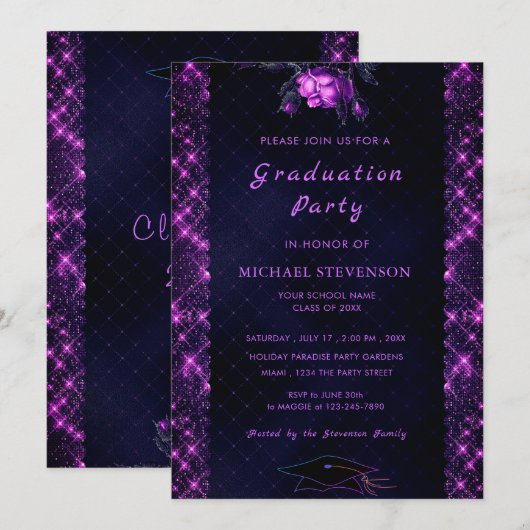 Paarse Glitter Framed Black Afstuderen Invitation Notitiekaartje (Voorkant / Achterkant)