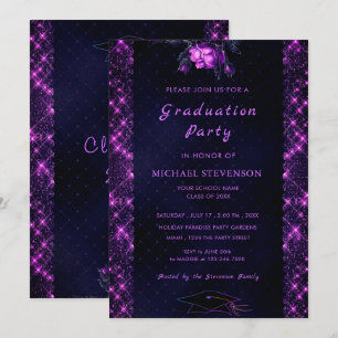 Paarse Glitter Framed Black Afstuderen Invitation Notitiekaartje