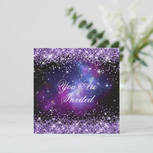 Paarse Glitter Galaxy Cluster Planetarium Weddensc Kaart (Staand voorkant)