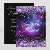 Paarse Glitter Galaxy Planetarium Bruiloft Kaart (Voorkant / Achterkant)