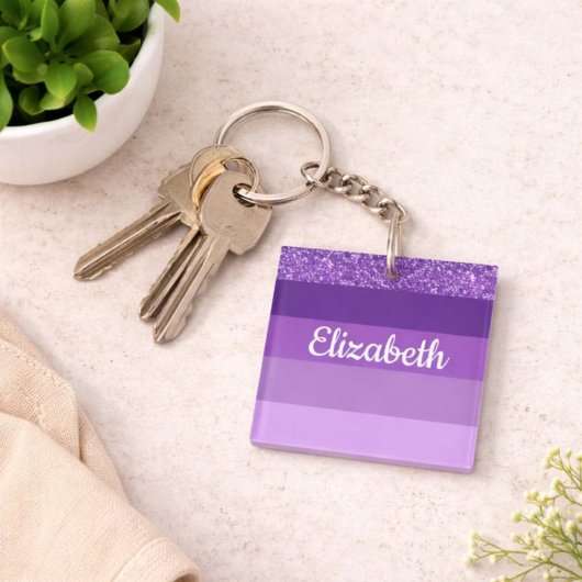 Paarse Glitter Gestreepte Monogram Sleutelhanger
