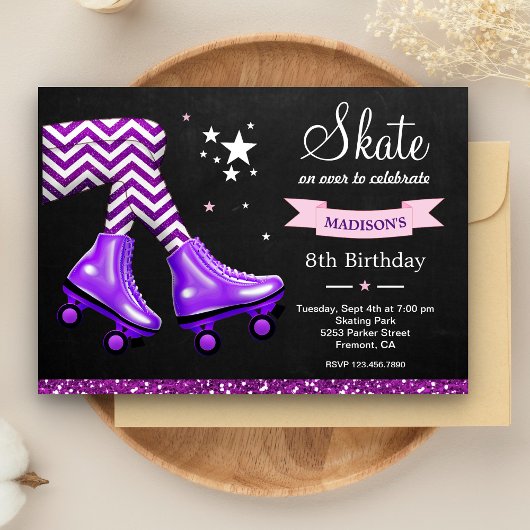 Paarse Glitter Girls Roller Skating Birthday Party Kaart