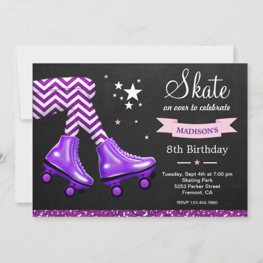 Paarse Glitter Girls Roller Skating Birthday Party Kaart (Voorkant)