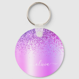 Paarse Glitter Glam Metaal Monogram Naam Sleutelhanger