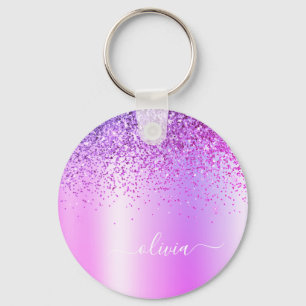 Paarse Glitter Glam Metaal Monogram Naam Sleutelhanger