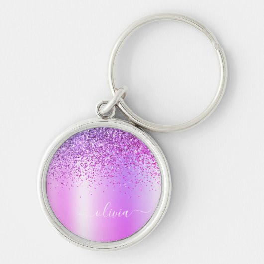 Paarse Glitter Glam Metaal Monogram Naam Sleutelhanger (Voorkant)