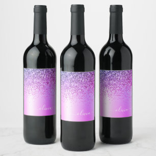 Paarse Glitter Glam Metaal Monogram Naam Wijn Etiket