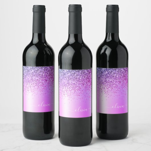 Paarse Glitter Glam Metaal Monogram Naam Wijn Etiket (Flessen)