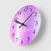 Paarse Glitter Glam Metal Monogram Naam Ronde Klok (Hoek)