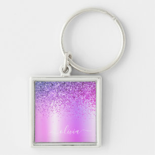 Paarse Glitter Glam Metal Monogram Naam Sleutelhanger
