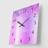 Paarse Glitter Glam Metal Monogram Naam Vierkante Klok (Hoek)