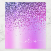 Paarse Glitter Glam Metal Monogram Naam Wijn Etiket (Enkel label)