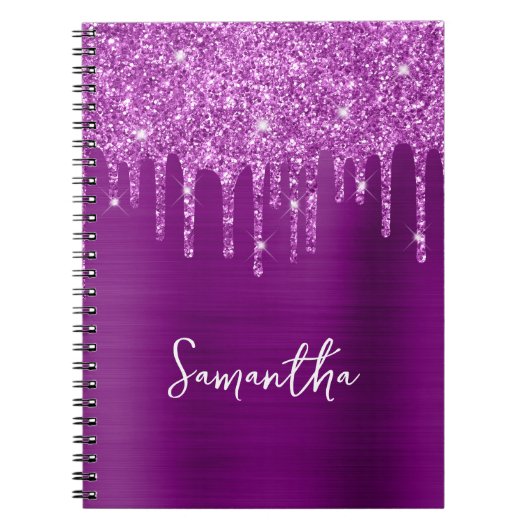 Paarse Glitter Glam Naam met Druppels Notitieboek (Voorkant)