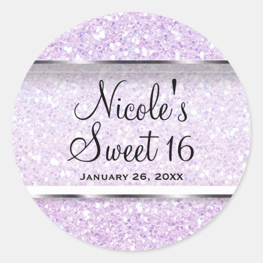 Paarse Glitter Glam Sweet 16 Custom Party Favor Ronde Sticker (Voorkant)