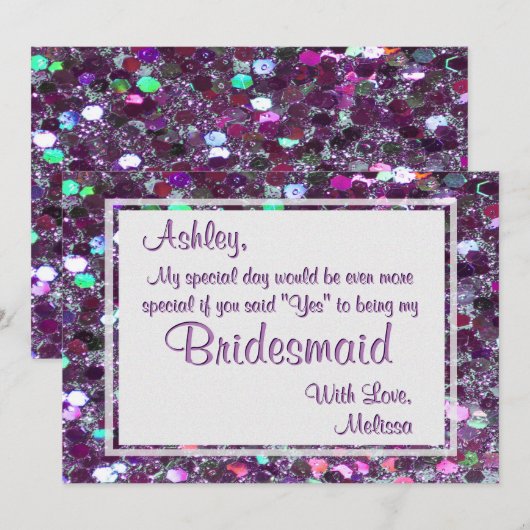 Paarse Glitter Glam zal je mijn Bridesmaid zijn Kaart (Voorkant / Achterkant)