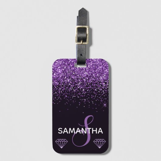 Paarse Glitter Glans & Diamanten Monogram Bagagelabel (Voorkant (verticaal))