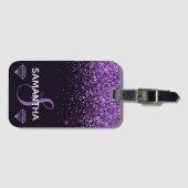 Paarse Glitter Glans & Diamanten Monogram Bagagelabel (Voorkant (horizontaal))
