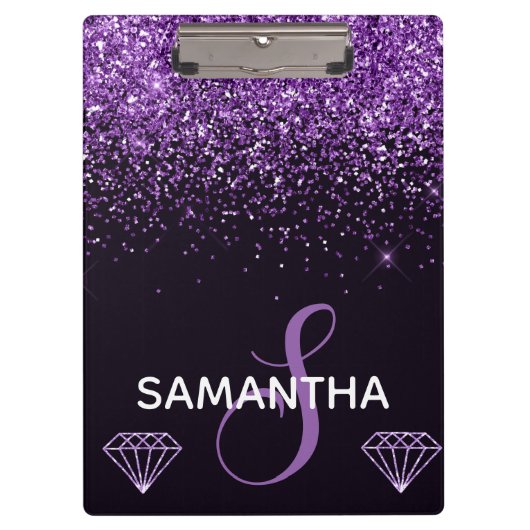Paarse Glitter Glans & Diamanten Monogram Klembord (Voorkant)