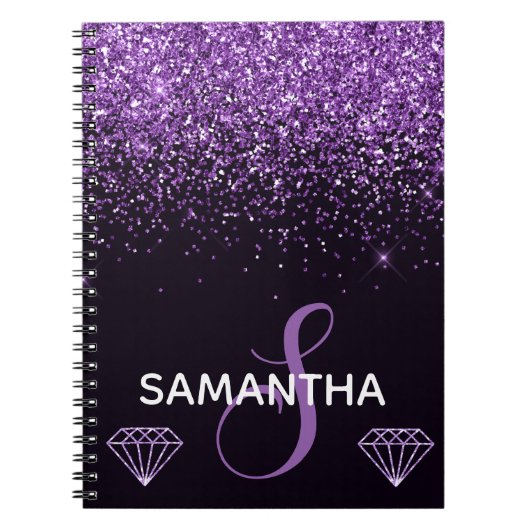 Paarse Glitter Glans & Diamanten Monogram Notitieboek (Voorkant)