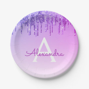 Paarse Glitter & Glans Monogram Verjaardag Papieren Bordje