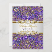 Paarse Glitter & Gold Damask Quinceanera Invite Kaart (Voorkant)