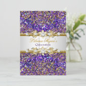 Paarse Glitter & Gold Damask Quinceanera Invite Kaart (Staand voorkant)