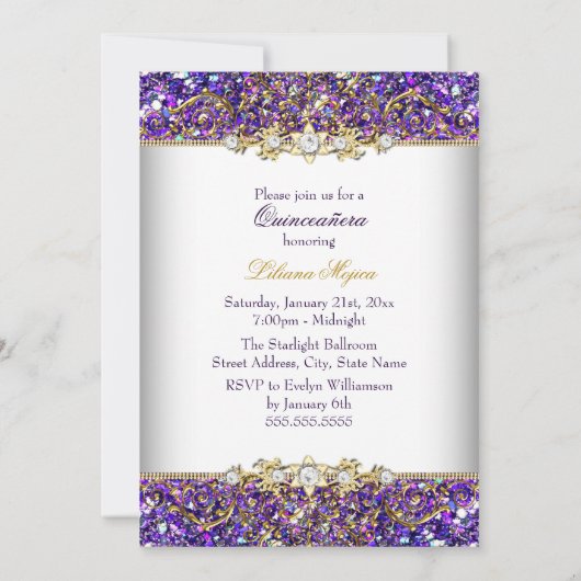 Paarse Glitter & Gold Damask Quinceanera Invite Kaart (Achterkant)