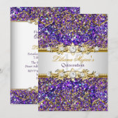 Paarse Glitter & Gold Damask Quinceanera Invite Kaart (Voorkant / Achterkant)