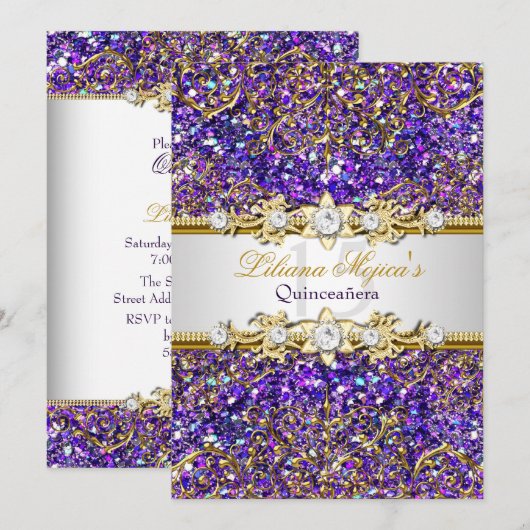 Paarse Glitter & Gold Damask Quinceanera Invite Kaart (Voorkant / Achterkant)
