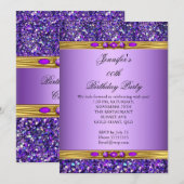 Paarse Glitter Gold Diamond Birthday Party Kaart (Voorkant / Achterkant)