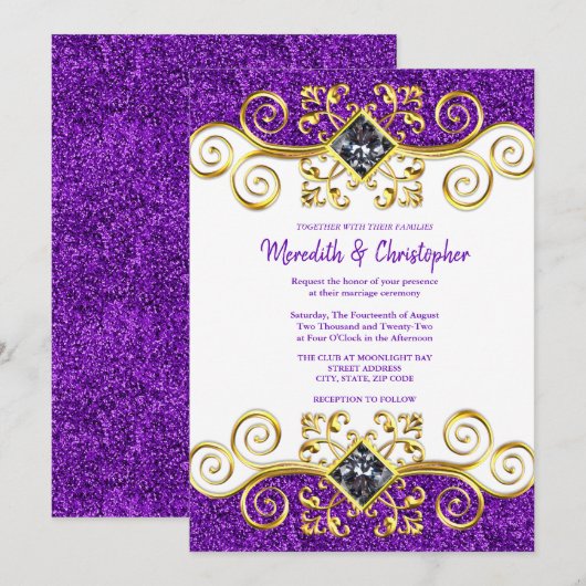 Paarse Glitter Gold Gemstone Wedding Uitnodiging (Voorkant / Achterkant)
