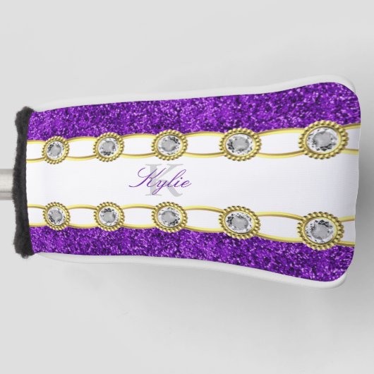Paarse Glitter Gold Jewels Monogram Naam Putter Golfheadcover (Voorkant)
