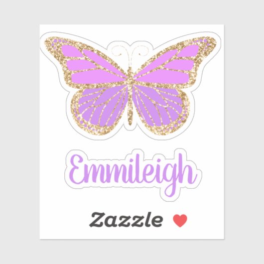 Paarse Glitter Gouden Vlinder Naam Sticker (Vel)