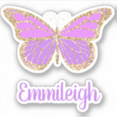 Paarse Glitter Gouden Vlinder Naam Sticker (Voorkant)