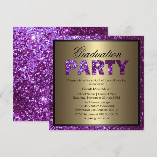 Paarse Glitter Graduation Party Invitation Kaart (Voorkant / Achterkant)
