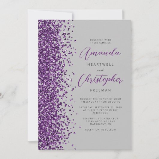 Paarse Glitter Grijs Modern Script Wedding Kaart (Voorkant)