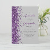 Paarse Glitter Grijze Moderne Script Bruiloft Kaart (Staand voorkant)