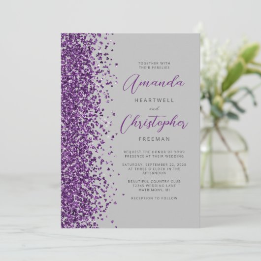 Paarse Glitter Grijze Moderne Script Bruiloft Kaart (Staand voorkant)