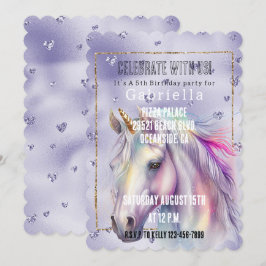 Paarse glitter harten eenhoorn kaart