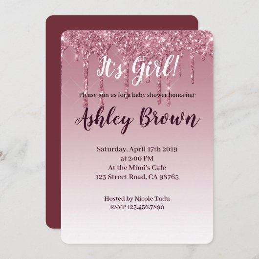 Paarse glitter het is baby shower dat een meisje u kaart (Voorkant / Achterkant)