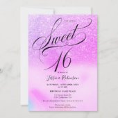 Paarse glitter holografisch script chic Sweet 16 Kaart (Voorkant)
