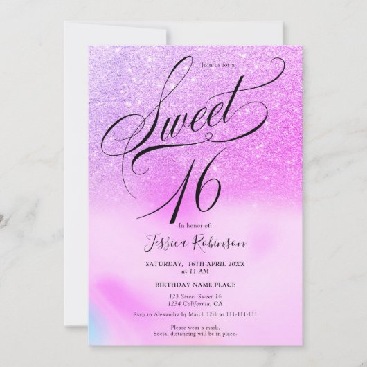 Paarse glitter holografisch script chic Sweet 16 Kaart (Voorkant)