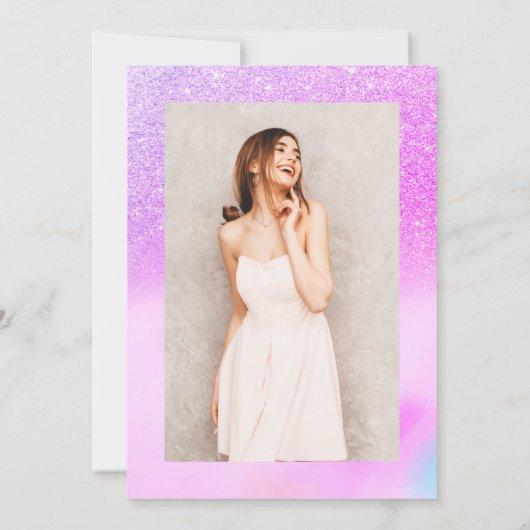 Paarse glitter holografisch script chic Sweet 16 Kaart (Achterkant)