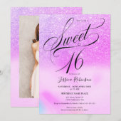 Paarse glitter holografisch script chic Sweet 16 Kaart (Voorkant / Achterkant)