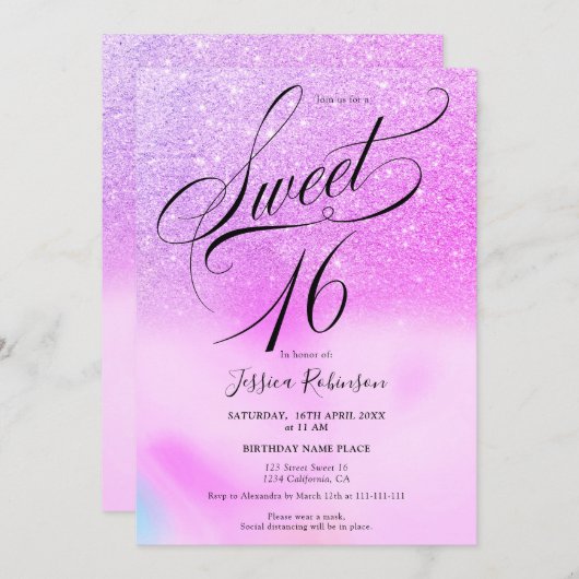 Paarse glitter holografisch script chic Sweet 16 Kaart (Voorkant / Achterkant)