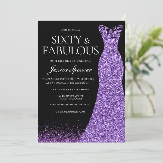 Paarse Glitter Jurk 60e Verjaardagsfeest Kaart (Staand voorkant)
