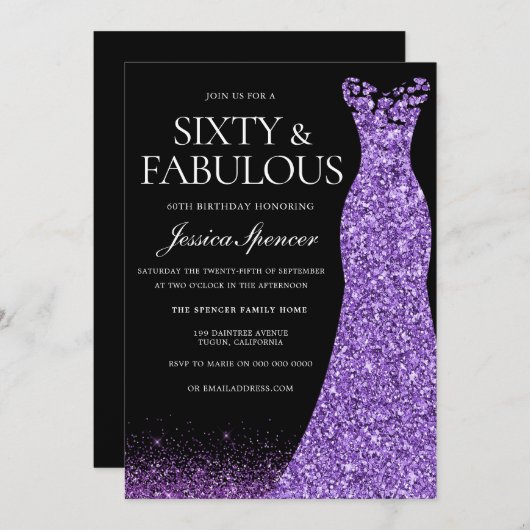 Paarse Glitter Jurk 60e Verjaardagsfeest Kaart (Voorkant / Achterkant)