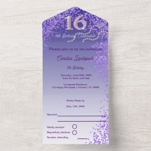 Paarse Glitter Kalligrafie Nummer Sweet 16 All In One Uitnodiging (Binnen)